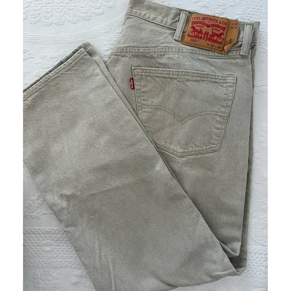 Levis 501 Beige Jeans WHITE OAK CONE DENIM Mens 42x36 (FITS 38x30) Button Fly